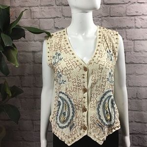 Cream & blue embroidered large paisley vest